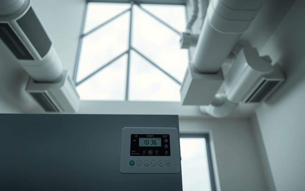 A well-lit interior scene depicting a modern HVAC control system. Foreground shows a sleek, minimalist humidistat panel with digital readouts and touch controls. Middle ground features air vents and ducting emerging from the walls, conveying the flow of air. The background showcases a window with overcast skies, creating a sense of the system's role in maintaining indoor climate. The lighting is soft and diffused, conveying a sense of functionality and efficiency. The overall atmosphere is one of technological sophistication and environmental control.
