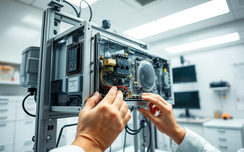 A well-lit laboratory workspace with a close-up view of a microwave relay unit being tested. The relay is mounted on a sturdy metal frame, its intricate components and circuitry clearly visible. The technician's hands are adjusting the relay, meticulously examining its functionality. The scene has a sense of focused attention and technical precision, with clean, neutral-toned surfaces and indirect lighting that accentuates the relay's internal structure. The overall atmosphere conveys a thorough, systematic approach to evaluating the integrity of the microwave relay system.