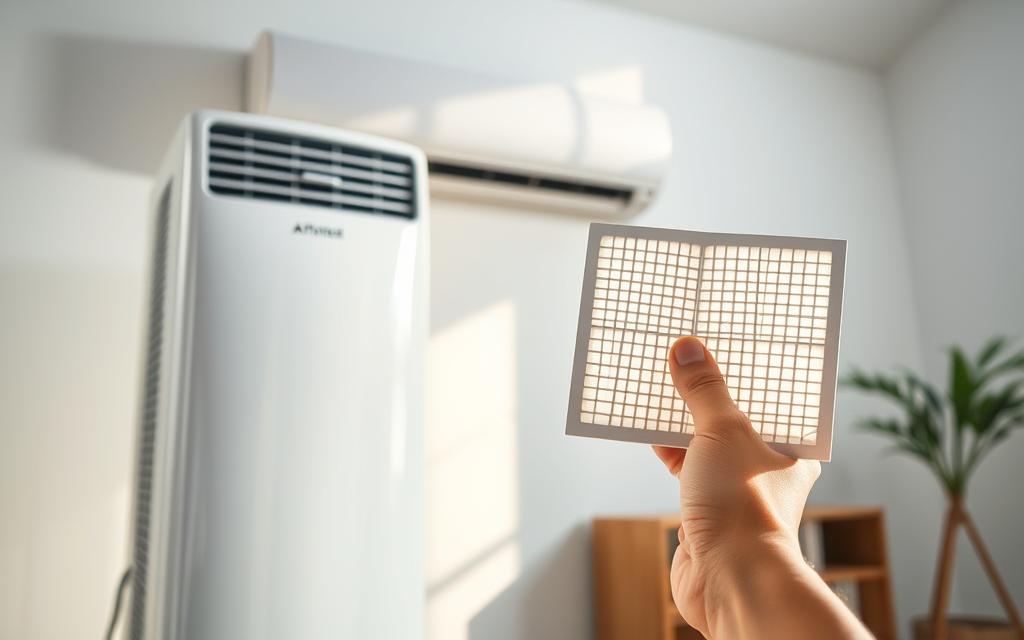 A well-lit, modern air conditioning unit standing prominently in the foreground. Its clean, sleek exterior gleams under soft, natural lighting, exuding a sense of freshness and efficiency. In the middle ground, a hand holding a fresh air filter, symbolizing the importance of regular maintenance. The background features a minimalist, serene room, emphasizing the role of a properly functioning AC system in creating a comfortable, odor-free living space. The overall composition conveys a message of proactive prevention, where attention to detail and diligent care can keep musty smells at bay.