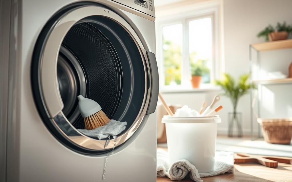A well-lit, real-world scene of a seasonal deep cleaning routine for a washing machine. In the foreground, the machine's front panel is open, revealing the interior components being meticulously cleaned with a brush and cleaning solution. In the middle ground, a bucket of warm soapy water stands ready, accompanied by a variety of cleaning tools. The background features a bright, airy laundry room with fresh air flowing through an open window, creating a sense of cleanliness and rejuvenation. The lighting is soft and natural, accentuating the textures and details of the cleaning process. The overall mood is one of diligence and care, reflecting the importance of maintaining a fresh, odor-free washer. A well-lit, real-world scene of a seasonal deep cleaning routine for a washing machine. In the foreground, the machine's front panel is open, revealing the interior components being meticulously cleaned with a brush and cleaning solution. In the middle ground, a bucket of warm soapy water stands ready, accompanied by a variety of cleaning tools. The background features a bright, airy laundry room with fresh air flowing through an open window, creating a sense of cleanliness and rejuvenation. The lighting is soft and natural, accentuating the textures and details of the cleaning process. The overall mood is one of diligence and care, reflecting the importance of maintaining a fresh, odor-free washer.