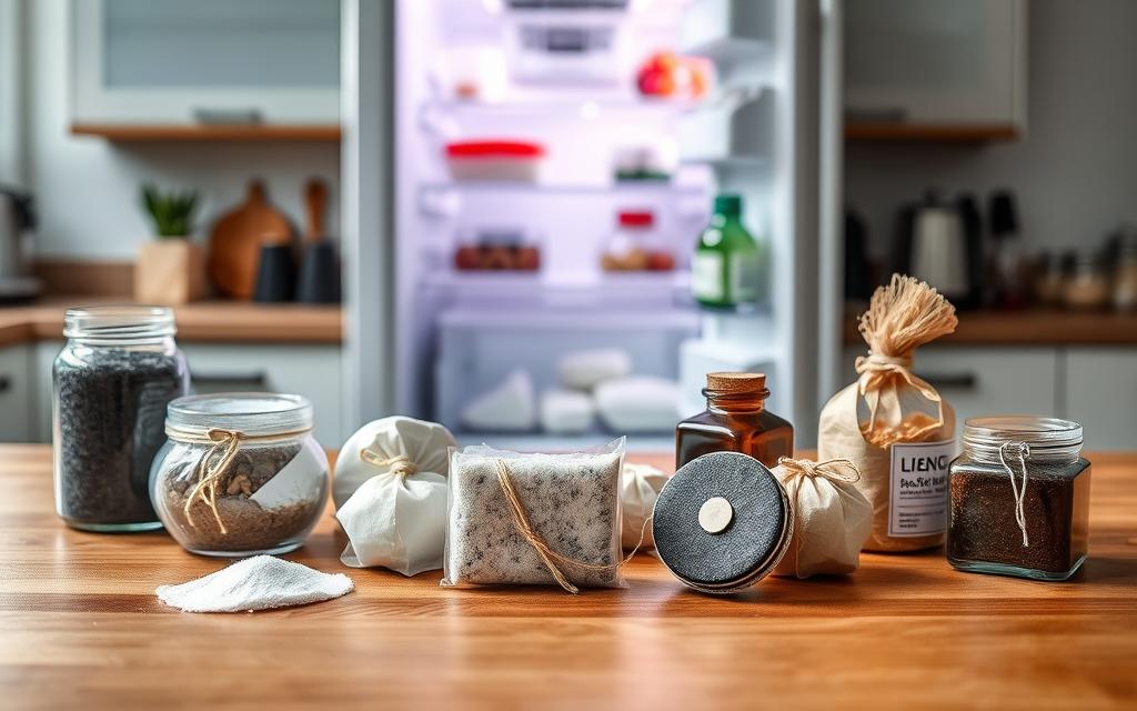 A well-lit tabletop scene showcasing various DIY fridge deodorizers. In the foreground, a collection of eco-friendly, handcrafted deodorizers made from activated charcoal, baking soda, and essential oils. The middle ground features a half-open fridge revealing the contents, with a fresh, clean scent wafting out. The background depicts a simple, minimalist kitchen counter with a few kitchen tools and appliances, conveying a sense of practicality and functionality. The lighting is soft and natural, highlighting the textures and colors of the deodorizers. The overall mood is one of a practical, sustainable solution to a common household problem. A well-lit tabletop scene showcasing various DIY fridge deodorizers. In the foreground, a collection of eco-friendly, handcrafted deodorizers made from activated charcoal, baking soda, and essential oils. The middle ground features a half-open fridge revealing the contents, with a fresh, clean scent wafting out. The background depicts a simple, minimalist kitchen counter with a few kitchen tools and appliances, conveying a sense of practicality and functionality. The lighting is soft and natural, highlighting the textures and colors of the deodorizers. The overall mood is one of a practical, sustainable solution to a common household problem.