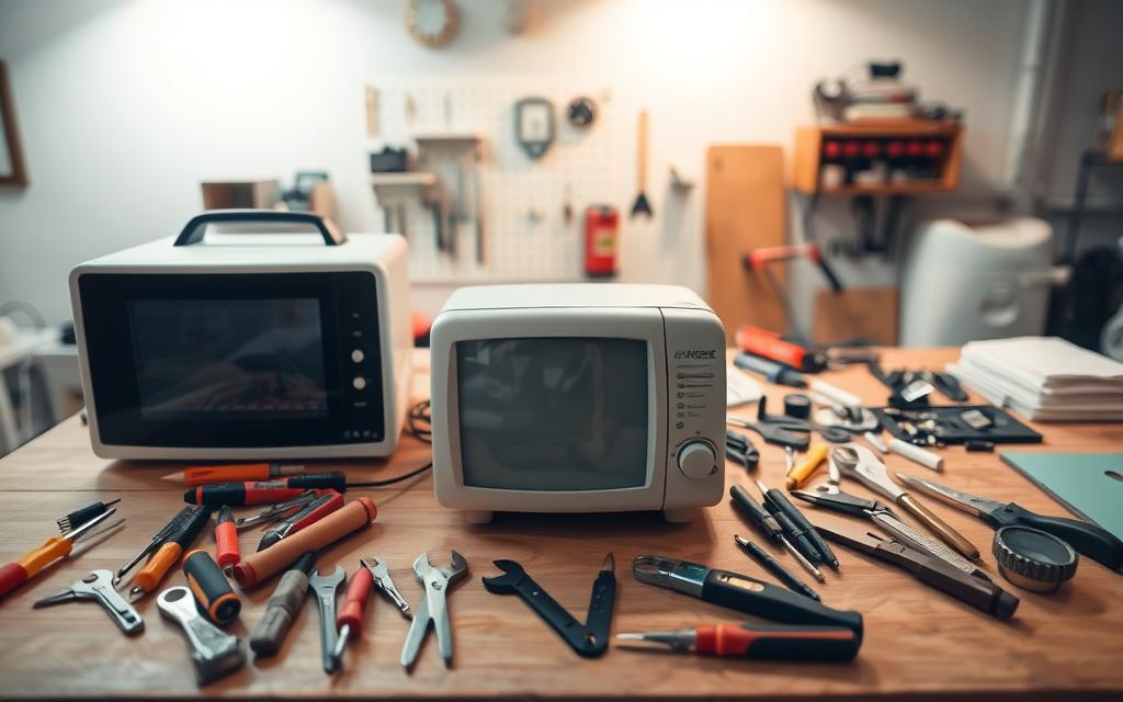A well-lit workbench with a simple household appliance in the foreground, surrounded by a neatly organized array of common repair tools - screwdrivers, pliers, a wrench, and a magnifying glass. The middle ground shows various spare parts and components, while the background features a clean, minimalist space with subtle industrial accents, conveying a sense of focused, methodical DIY work. The overall mood is one of practical problem-solving, with a balance of order and attention to detail. A well-lit workbench with a simple household appliance in the foreground, surrounded by a neatly organized array of common repair tools - screwdrivers, pliers, a wrench, and a magnifying glass. The middle ground shows various spare parts and components, while the background features a clean, minimalist space with subtle industrial accents, conveying a sense of focused, methodical DIY work. The overall mood is one of practical problem-solving, with a balance of order and attention to detail.