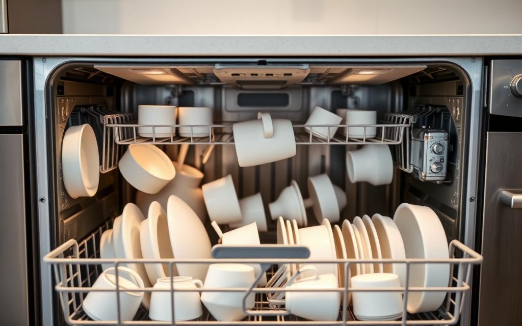 A well-organized kitchen interior with modern stainless steel appliances. In the foreground, an open dishwasher reveals an arrangement of clean dishes, cups, and utensils carefully placed on various racks to maximize air circulation for efficient drying. Soft, diffused lighting from overhead illuminates the scene, casting gentle shadows that highlight the contours of the dishware. The middle ground showcases the dishwasher controls, with dials and buttons indicating the drying cycle in progress. In the background, the kitchen countertop and backsplash create a minimalist, neutral backdrop that allows the focus to remain on the organized load arrangement within the dishwasher. The overall atmosphere conveys a sense of efficiency, cleanliness, and attention to detail in the dishwashing process.
