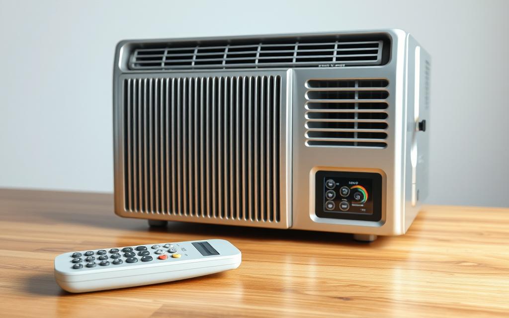 An air conditioning unit sits on a wooden table, its remote control resting nearby. The AC unit is rendered in high detail, its sleek metallic casing and vents capturing the light from a soft, diffused studio setup. The remote control is positioned at an angle, its buttons and LCD display clearly visible. The overall scene conveys a sense of puzzlement and troubleshooting, as if the user is trying to understand why the AC is not responding to the remote. The background is a neutral, studio-like environment, allowing the AC unit and remote to be the focal points of the image. An air conditioning unit sits on a wooden table, its remote control resting nearby. The AC unit is rendered in high detail, its sleek metallic casing and vents capturing the light from a soft, diffused studio setup. The remote control is positioned at an angle, its buttons and LCD display clearly visible. The overall scene conveys a sense of puzzlement and troubleshooting, as if the user is trying to understand why the AC is not responding to the remote. The background is a neutral, studio-like environment, allowing the AC unit and remote to be the focal points of the image.