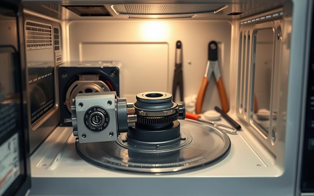 An intricate close-up view of a microwave oven's interior, showcasing the process of replacing the turntable coupler. The foreground features the exposed components, including the drive motor, gears, and the worn-out coupler in need of replacement. The middle ground highlights the delicate steps involved in disassembling the unit, with tools and replacement parts neatly arranged. The background provides a softly lit, clean and organized workshop setting, emphasizing the precision required for this repair task. The lighting is carefully balanced, casting subtle shadows and highlights to accentuate the mechanical details. The overall mood conveys a sense of technical expertise and attention to detail necessary for successfully completing this microwave maintenance procedure. An intricate close-up view of a microwave oven's interior, showcasing the process of replacing the turntable coupler. The foreground features the exposed components, including the drive motor, gears, and the worn-out coupler in need of replacement. The middle ground highlights the delicate steps involved in disassembling the unit, with tools and replacement parts neatly arranged. The background provides a softly lit, clean and organized workshop setting, emphasizing the precision required for this repair task. The lighting is carefully balanced, casting subtle shadows and highlights to accentuate the mechanical details. The overall mood conveys a sense of technical expertise and attention to detail necessary for successfully completing this microwave maintenance procedure.