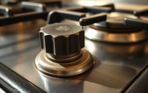 Close-up view of a gas stove with stubborn, hard-to-turn knobs. The knobs are slightly discolored, indicating grime and buildup. The knobs are positioned on a matte black metal cooktop surface, with a subtle reflection of the knobs visible. The lighting is warm and natural, creating a subtle shadow underneath the knobs. The image is captured at a slightly low angle, emphasizing the frustration of trying to adjust these resistant controls. The overall mood is one of minor annoyance and the need for maintenance to restore smooth operation.