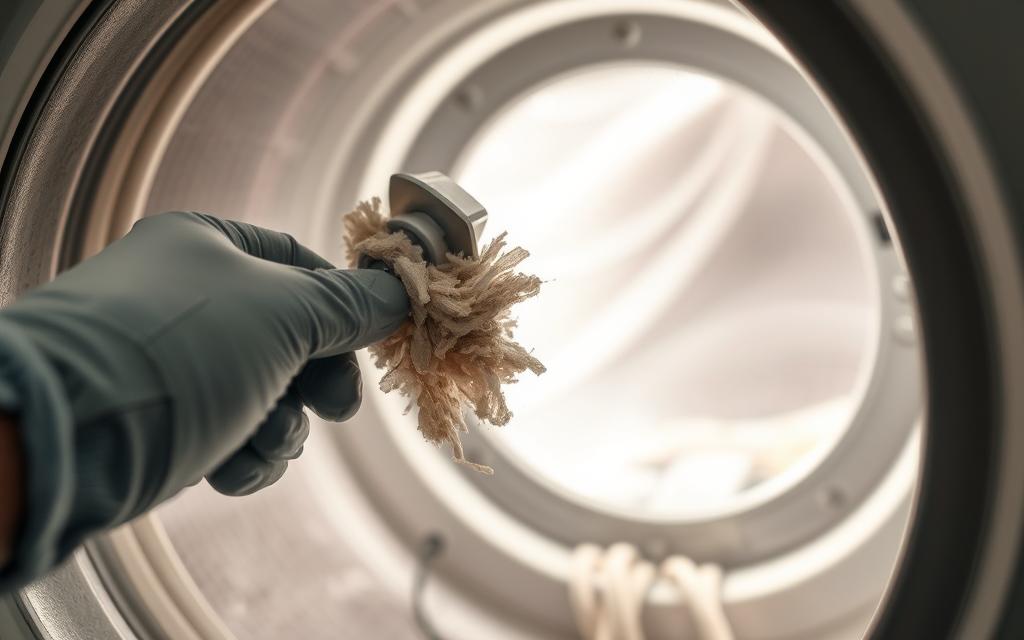 Detailed close-up of a dryer exhaust duct being cleaned, showcasing the process. Bright lighting illuminates the duct's interior, revealing the accumulated lint and debris. In the foreground, a gloved hand with a cleaning tool meticulously removes the lint, creating a sense of diligence and attention to detail. The middle ground features the dryer's exterior, with the open duct cover exposing the cleaning in progress. The background blurs softly, keeping the focus on the duct cleaning action. The overall scene conveys the importance of maintaining a clean and safe dryer exhaust system. Detailed close-up of a dryer exhaust duct being cleaned, showcasing the process. Bright lighting illuminates the duct's interior, revealing the accumulated lint and debris. In the foreground, a gloved hand with a cleaning tool meticulously removes the lint, creating a sense of diligence and attention to detail. The middle ground features the dryer's exterior, with the open duct cover exposing the cleaning in progress. The background blurs softly, keeping the focus on the duct cleaning action. The overall scene conveys the importance of maintaining a clean and safe dryer exhaust system.