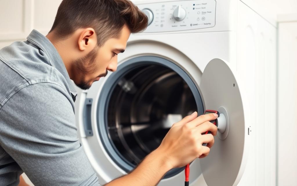 Detailed close-up of a person troubleshooting a front-loading washing machine, examining its control panel and interior with a serious, focused expression. Bright, evenly lit scene with soft shadows, crisp details, and a clean, minimalist background. The person is wearing a casual outfit and using various tools like a multimeter and screwdriver to diagnose the issue. The goal is to convey a sense of methodical problem-solving and preventative maintenance for household appliances. Detailed close-up of a person troubleshooting a front-loading washing machine, examining its control panel and interior with a serious, focused expression. Bright, evenly lit scene with soft shadows, crisp details, and a clean, minimalist background. The person is wearing a casual outfit and using various tools like a multimeter and screwdriver to diagnose the issue. The goal is to convey a sense of methodical problem-solving and preventative maintenance for household appliances.