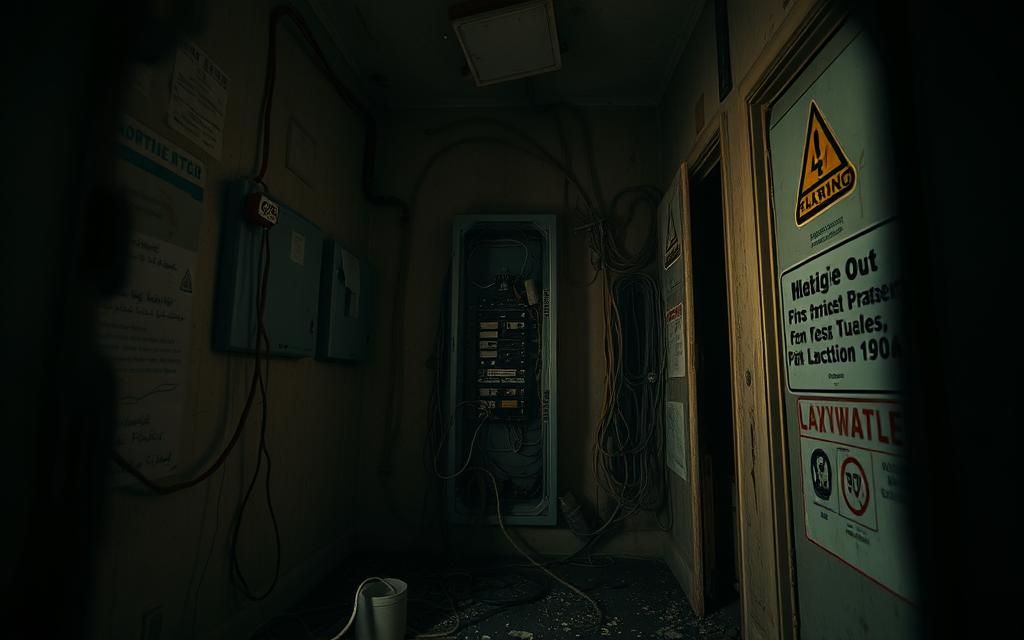 Detailed interior of a residential home, showcasing various electrical safety hazards and warning signs. Dimly lit room with exposed wiring, overloaded outlets, and frayed cords. Older electrical panel with outdated fuses. Shadows cast by poor lighting, creating an ominous atmosphere. Dust and debris accumulated around electrical components. Photographer's perspective is close to the ground, emphasizing the severity of the issues. Realistic, photorealistic style with muted color palette. Cinematic lighting and depth of field to draw the viewer's attention to the key electrical safety concerns.