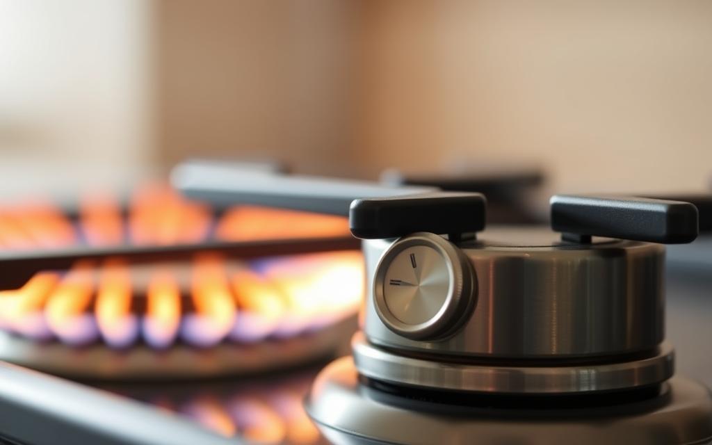 a high-quality close-up photograph of a natural gas cooktop flame, with the adjustment knob clearly visible in the foreground. The flame is a bright, intense yellow color, indicating proper gas flow and combustion. The background is blurred, placing the focus on the flame and adjustment mechanism. The lighting is soft and diffused, creating an even illumination that highlights the details of the flame and knob. The camera angle is slightly elevated, providing a clear view of the flame's shape and intensity. The overall scene conveys a sense of precision and control, suggesting the ability to fine-tune the gas flow for optimal cooking performance.