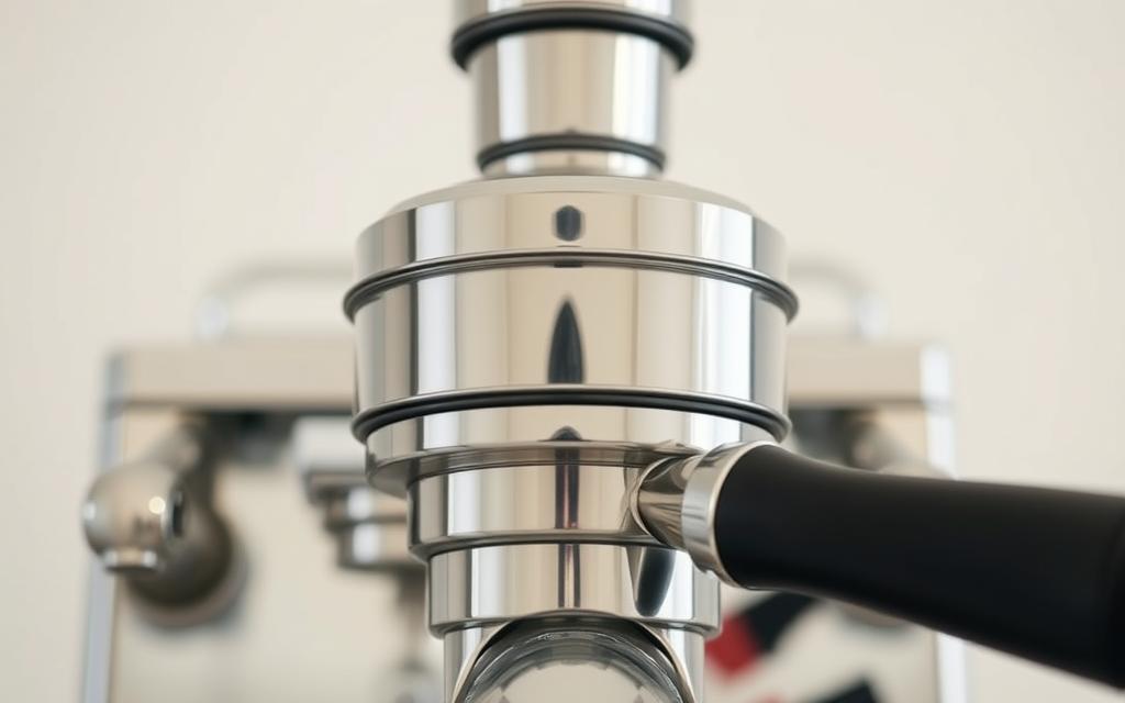 a highly detailed, close-up shot of an espresso machine with a clear view of the group head, showing the lack of pressure buildup. The machine is set against a clean, minimalist background, with soft, even lighting illuminating the stainless steel components. The focus is sharp, capturing the intricate details of the group head and portafilter, emphasizing the absence of pressure. The image conveys a sense of technical examination, inviting the viewer to closely inspect the machine's inner workings and diagnose any potential pressure-related issues. a highly detailed, close-up shot of an espresso machine with a clear view of the group head, showing the lack of pressure buildup. The machine is set against a clean, minimalist background, with soft, even lighting illuminating the stainless steel components. The focus is sharp, capturing the intricate details of the group head and portafilter, emphasizing the absence of pressure. The image conveys a sense of technical examination, inviting the viewer to closely inspect the machine's inner workings and diagnose any potential pressure-related issues.