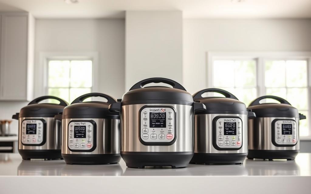 A collection of modern Instant Pot pressure cookers in a minimalist kitchen setting. The stainless steel appliances stand prominently on a sleek white countertop, their control panels illuminated with soft backlighting. Behind them, a clean, airy backdrop of pale gray walls and natural light filtering through large windows creates an inviting atmosphere. The pressure cookers are positioned at various angles, showcasing their distinctive silhouettes and intuitive digital interfaces. The scene evokes a sense of culinary efficiency and transformation, hinting at the appliances' ability to simplify and elevate everyday cooking.
