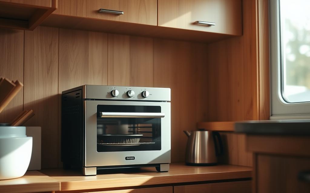 A cozy kitchen filled with a sleek, compact oven set against a backdrop of warm, wooden cabinetry. Soft, natural light streams in through a nearby window, casting a gentle glow over the minimalist, yet efficient design. The oven's compact size is perfectly suited for the small space, its clean lines and brushed metal finish complementing the kitchen's overall aesthetic. The scene conveys a sense of functionality and elegance, inviting the viewer to imagine the delicious meals that could be prepared within this compact, yet well-equipped cooking space.