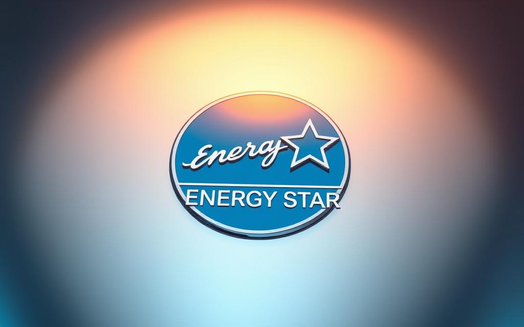 A detailed illustration of the Energy Star certification symbol on a glossy, chrome-like metallic surface, illuminated by warm, directional lighting from the top-left. The Energy Star logo should be the focal point, cleanly rendered with intricate details and subtle reflections. The background should be a clean, neutral gradient, allowing the certification symbol to stand out prominently. The overall composition should convey a sense of quality, efficiency, and environmental responsibility associated with the Energy Star program.