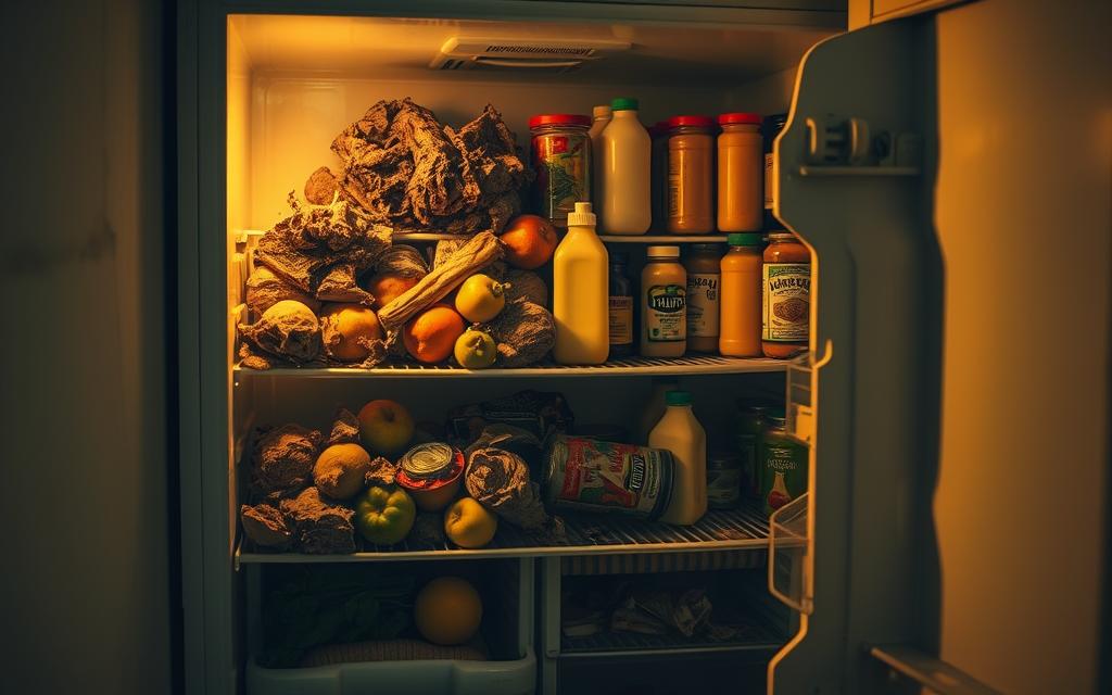 A dimly lit kitchen interior, the refrigerator door ajar, revealing spoiled and decaying food items. Moldy produce, sour milk cartons, and expired condiments spill out, emitting a pungent aroma. The shelves are in disarray, with a sense of neglect and disorganization. Harsh, yellowish lighting casts harsh shadows, creating an unsettling atmosphere. The scene conveys a sense of time passing, with the refrigerator failing to maintain the proper storage conditions. This image serves as a visual warning, highlighting the issue of food spoiling too quickly due to an aging or malfunctioning refrigerator.