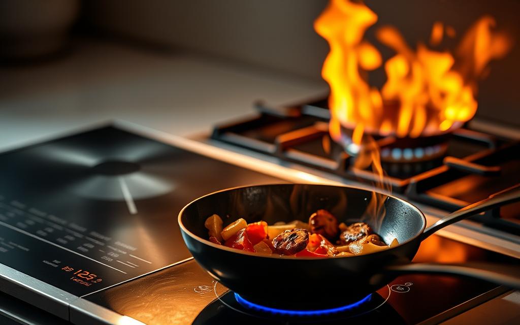 A searing hot induction cooktop, its surface gleaming with a metallic sheen, radiates an intense, focused energy. Vibrant flames dance across the surface of a gas burner, casting a warm, flickering glow. In the foreground, a sizzling pan captures the essence of culinary mastery, the ingredients within searing and caramelizing to perfection. Subtle shadows and highlights accentuate the contrasting cooking styles, their distinct flavors and techniques intertwined in a harmonious symphony of heat and precision. The scene is bathed in a soft, natural light, creating a sense of kitchen ambiance and the artistry of cooking.