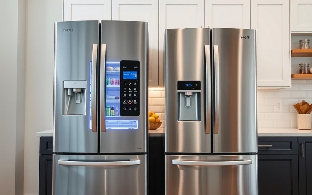 A well-lit, high-resolution interior scene showcasing two side-by-side refrigerators - one modern, sleek smart refrigerator and one traditional, classic model. The smart fridge features a large, responsive touchscreen display, advanced connectivity options, and smart home integration. The traditional fridge has a simple, minimalist design with standard controls. Capture the user experience differences between the two, with the smart fridge's interface and features in the foreground, and the traditional model in the middle ground. The background should be a clean, uncluttered kitchen setting, emphasizing the contrast between the two refrigerator types.