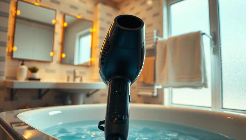 A bathroom scene highlighting the dangers of hair dryers near water. In the foreground, a hair dryer sits precariously close to a bathtub filled with water, emphasizing the risk. The middle ground features a vibrant bathroom with tiled walls, a sink, and illuminated mirrors reflecting warm light. A towel rack hangs in the background, showcasing soft, fluffy towels. Light streams in from a frosted window, creating a bright, inviting atmosphere, but the scene invokes a sense of caution. The lens captures a close-up angle to emphasize the hair dryer, focusing on its sleek design while blurring the background softly. The mood balances between safety and awareness, reinforcing the message about electrical appliances in wet environments, without any human subjects present.