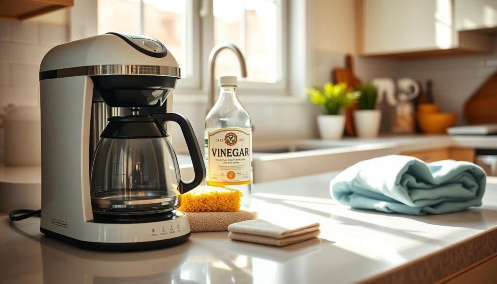 A clean, organized kitchen countertop is the focus of the image, showcasing a coffee maker beside a bottle of vinegar and various cleaning supplies such as a sponge and cloth. In the foreground, the coffee maker is gleaming, highlighting its clean design. The middle ground features the bottle of vinegar with a clear label, placed prominently to demonstrate its role in cleaning. The background shows a sunny kitchen scene with light streaming in through a window, casting soft shadows that create a warm and inviting atmosphere. The color palette is fresh and clean, with whites, greens, and subtle browns. The lighting is bright and natural, emphasizing cleanliness and freshness. The overall mood is informative and reassuring, perfect for a cleaning guide. No text or watermarks present.
