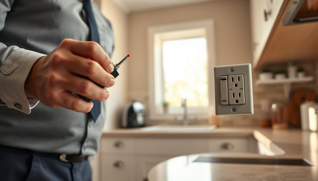 A close-up view of a standard kitchen environment showcasing two GFCI outlets on the wall. The outlets are clearly labeled with "Test" and "Reset" buttons prominently visible. In the foreground, focus on a person dressed in professional business attire, examining the outlets using a voltage tester, demonstrating good safety practices. The middle ground shows kitchen details like a countertop, sink, and a backsplash that enhances the homey atmosphere. In the background, soft, natural light filters through a window, creating a warm, inviting feel. The overall mood is educational and practical, emphasizing the importance of kitchen safety and electrical knowledge. The angle captures a dynamic perspective, drawing attention to the GFCI outlets while maintaining clarity and focus.