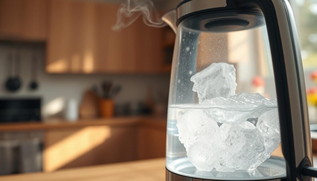 A close-up view of an electric kettle with visible limescale buildup inside, illustrating the impact of limescale on efficiency. The kettle is situated on a modern kitchen countertop, with steam gently rising from the spout. In the foreground, focus on the kettle's transparent water level indicator, which showcases the cloudy, mineral-laden water inside. The middle ground features a blurred background of a cozy kitchen, with warm lighting creating a welcoming atmosphere. Natural sunlight filters through a nearby window, casting soft shadows and highlighting the kettle's metallic surface. Utilize a shallow depth of field to emphasize the kettle, creating a sense of importance while maintaining a calm and informative mood. A close-up view of an electric kettle with visible limescale buildup inside, illustrating the impact of limescale on efficiency. The kettle is situated on a modern kitchen countertop, with steam gently rising from the spout. In the foreground, focus on the kettle's transparent water level indicator, which showcases the cloudy, mineral-laden water inside. The middle ground features a blurred background of a cozy kitchen, with warm lighting creating a welcoming atmosphere. Natural sunlight filters through a nearby window, casting soft shadows and highlighting the kettle's metallic surface. Utilize a shallow depth of field to emphasize the kettle, creating a sense of importance while maintaining a calm and informative mood.