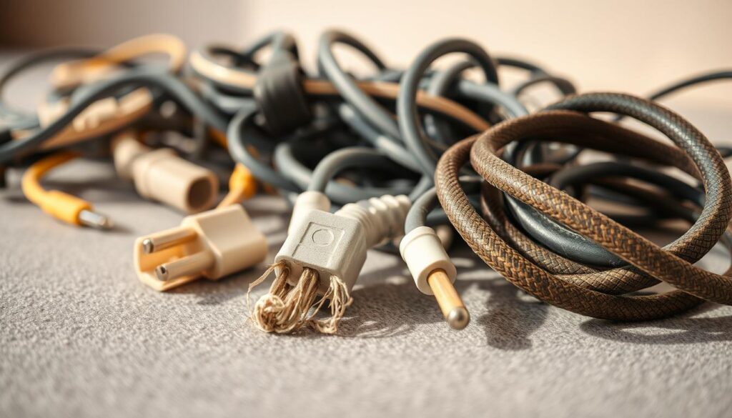 A close-up view of tangled small appliance cords on a neutral grey surface, showcasing a variety of cord types, including power cords, extension cords, and charging cables, some frayed and worn, others neatly coiled. In the foreground, focus on the frayed ends, emphasizing signs of wear and potential hazards. The middle ground features a few cords in better condition, illustrating the difference between repairable and replaceable. The background is softly blurred to maintain focus on the cords, with warm, natural lighting casting gentle shadows for a realistic look. The mood is informative and cautionary, aimed at raising awareness about electrical safety and maintenance. The composition encourages viewers to assess the condition of their own appliance cords without distractions. A close-up view of tangled small appliance cords on a neutral grey surface, showcasing a variety of cord types, including power cords, extension cords, and charging cables, some frayed and worn, others neatly coiled. In the foreground, focus on the frayed ends, emphasizing signs of wear and potential hazards. The middle ground features a few cords in better condition, illustrating the difference between repairable and replaceable. The background is softly blurred to maintain focus on the cords, with warm, natural lighting casting gentle shadows for a realistic look. The mood is informative and cautionary, aimed at raising awareness about electrical safety and maintenance. The composition encourages viewers to assess the condition of their own appliance cords without distractions.