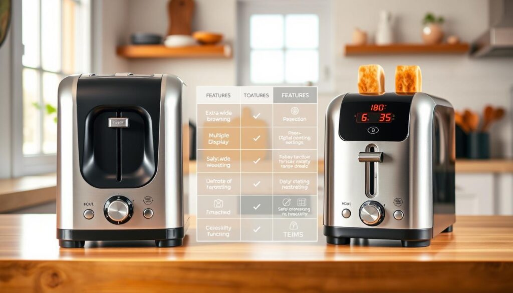 A comprehensive comparison image of toasters showcasing various features, arranged neatly in a kitchen setting. In the foreground, highlight two modern toasters with distinctive designs: one with extra-wide slots and adjustable browning settings, and another with a digital display and multiple functions like defrosting and reheating. In the middle, present a visually clear comparison chart illustrating key features, such as safety functions and versatility, depicted with icons. In the background, include a cozy kitchen ambiance with warm, natural lighting filtering through a window, reflecting an inviting atmosphere. Use a slight overhead angled view to capture all details effectively without clutter. The scene should be bright and organized, emphasizing the practicality and functionality of toasters.