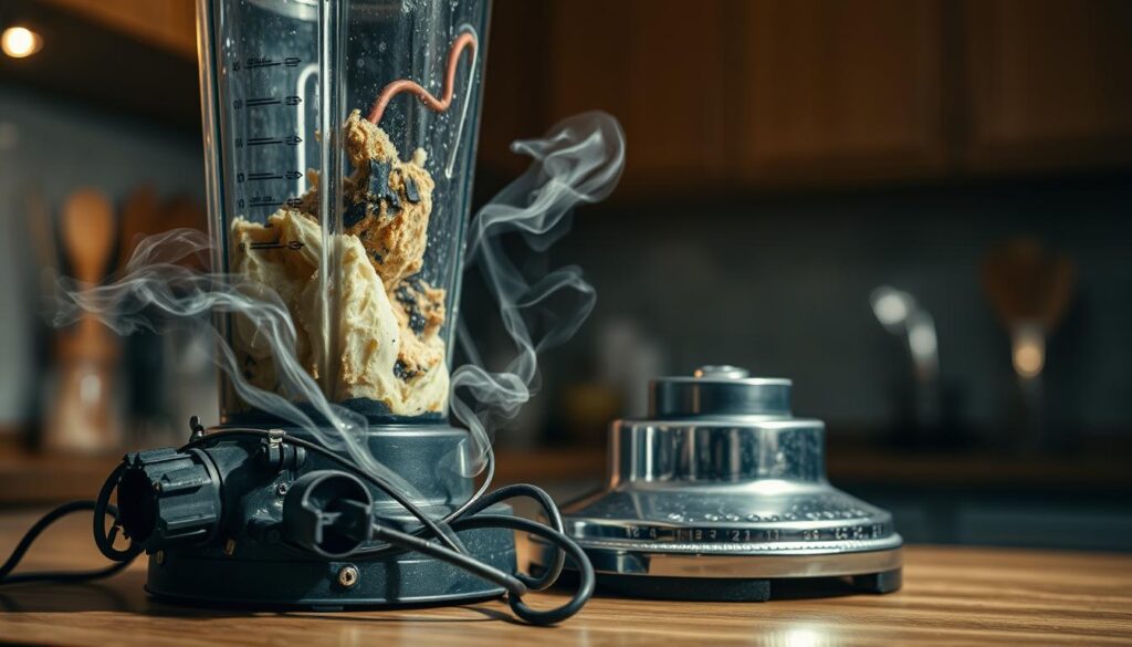 A detailed close-up of an open blender, wires exposed, revealing signs of electrical damage, with smoke gently billowing out, implying overheating. In the foreground, focus on charred circuit boards and melted plastic components. In the middle ground, depict the blender's glass jar tipped slightly to show its contents, which should appear mixed but undamaged. The background is softly blurred to emphasize the blender while featuring a dimly lit kitchen with faint reflections of kitchen utensils to set an uneasy atmosphere. Use dramatic lighting to highlight the contrasting textures of burned materials and the shiny metal of the blender's base, capturing an urgent mood of concern about electrical issues. A detailed close-up of an open blender, wires exposed, revealing signs of electrical damage, with smoke gently billowing out, implying overheating. In the foreground, focus on charred circuit boards and melted plastic components. In the middle ground, depict the blender's glass jar tipped slightly to show its contents, which should appear mixed but undamaged. The background is softly blurred to emphasize the blender while featuring a dimly lit kitchen with faint reflections of kitchen utensils to set an uneasy atmosphere. Use dramatic lighting to highlight the contrasting textures of burned materials and the shiny metal of the blender's base, capturing an urgent mood of concern about electrical issues.