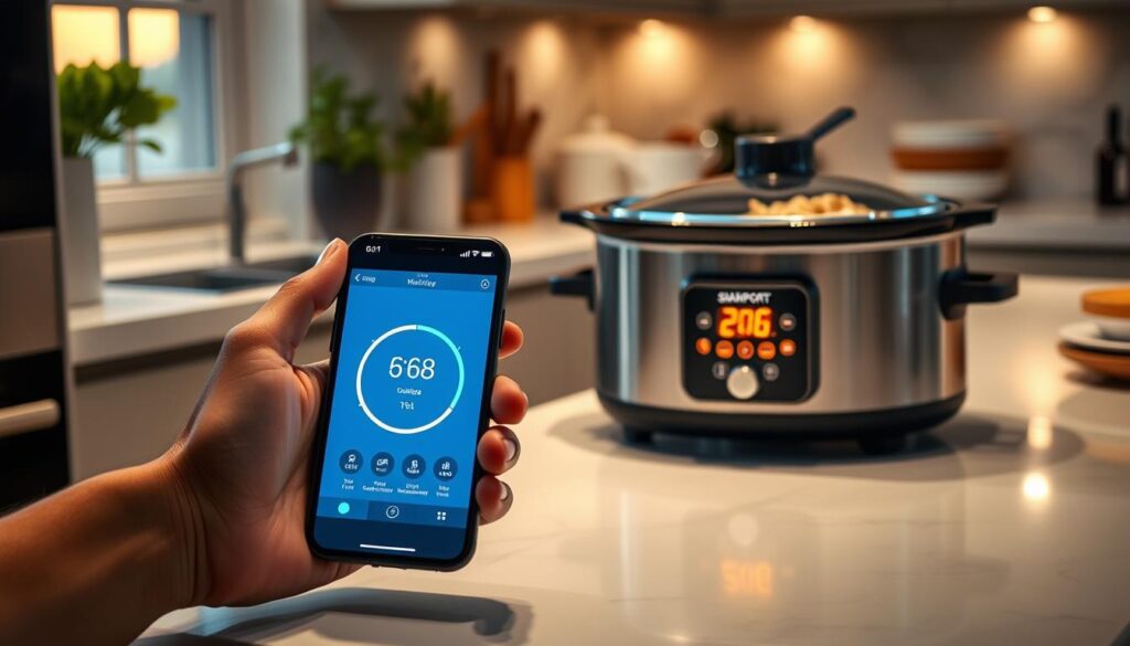 A sleek, modern kitchen countertop featuring a high-tech smart slow cooker connected to a smartphone app, showcasing a bright digital interface displaying cooking parameters. In the foreground, a hand is gently holding the smartphone, which has a clear view of the app's monitoring features. The middle layer includes the slow cooker with a gentle glow from its LED indicators, inviting and warm. The background displays soft kitchen elements, like herbs on a windowsill and a cozy ambiance enhanced by soft, warm light, suggesting a late evening setting. The overall mood is relaxed and technologically advanced, emphasizing the convenience of remote cooking management. The scene is captured from a slightly elevated angle to highlight both the cookware and the smartphone seamlessly.