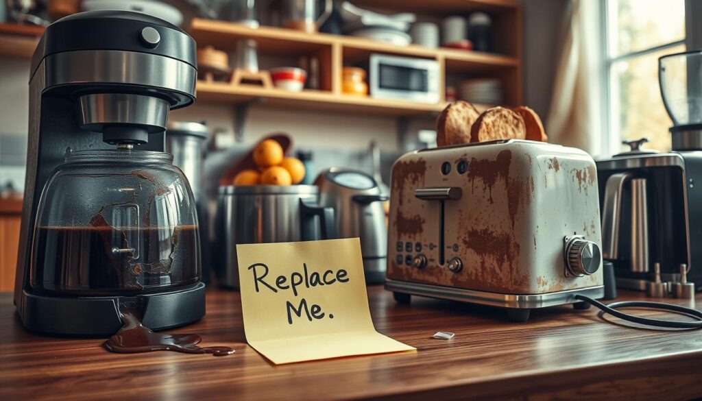 A visually striking composition illustrating various small appliances arranged on a wooden countertop. In the foreground, a cracked coffee maker leaks coffee, showcasing a sign that reads “Replace Me” on a sticky note. In the middle, an old toaster with burnt toast and flaking paint highlighted by warm, natural light filtering through a kitchen window. The background features a cluttered kitchen shelf filled with newer, shining appliances like a blender and a microwave, which contrast with the outdated ones. The atmosphere is slightly melancholic yet reflective, emphasizing the inevitable need for replacement. The scene is captured with a soft-focus lens, evoking nostalgia while encouraging the viewer to consider appliance safety.